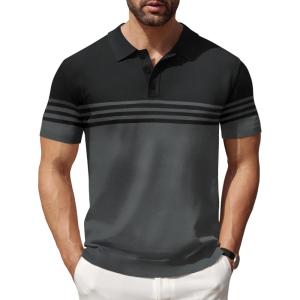 imageCOOFANDY Mens Knit Polo Shirts Short Sleeve Striped Golf Polo Shirts Lightweight Casual Collared T ShirtBlack and Dark Grey