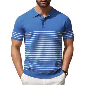 imageCOOFANDY Mens Knit Polo Shirts Short Sleeve Striped Golf Polo Shirts Lightweight Casual Collared T ShirtBlue White Stripes