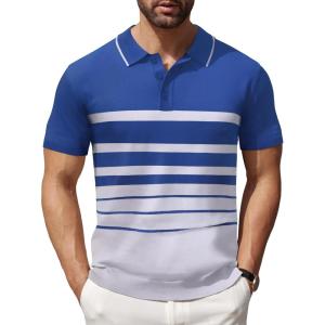 imageCOOFANDY Mens Knit Polo Shirts Short Sleeve Striped Golf Polo Shirts Lightweight Casual Collared T ShirtBlue and White