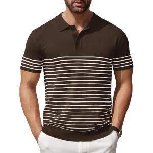 imageCOOFANDY Mens Knit Polo Shirts Short Sleeve Striped Golf Polo Shirts Lightweight Casual Collared T ShirtBrown Beige Stripes