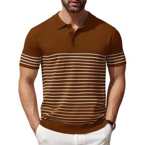 imageCOOFANDY Mens Knit Polo Shirts Short Sleeve Striped Golf Polo Shirts Lightweight Casual Collared T ShirtCaramel White Stripes