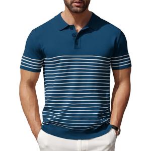imageCOOFANDY Mens Knit Polo Shirts Short Sleeve Striped Golf Polo Shirts Lightweight Casual Collared T ShirtDenim Blue White Stripes