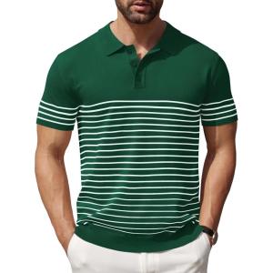 imageCOOFANDY Mens Knit Polo Shirts Short Sleeve Striped Golf Polo Shirts Lightweight Casual Collared T ShirtGreen White Stripes