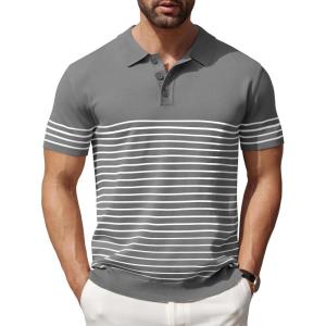 imageCOOFANDY Mens Knit Polo Shirts Short Sleeve Striped Golf Polo Shirts Lightweight Casual Collared T ShirtGrey White Stripes