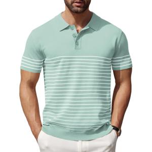 imageCOOFANDY Mens Knit Polo Shirts Short Sleeve Striped Golf Polo Shirts Lightweight Casual Collared T ShirtIce Green White Stripes