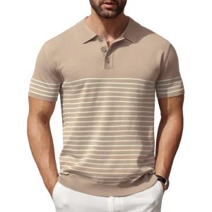 imageCOOFANDY Mens Knit Polo Shirts Short Sleeve Striped Golf Polo Shirts Lightweight Casual Collared T ShirtKhaki Beige Stripes