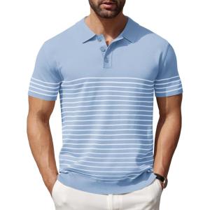 imageCOOFANDY Mens Knit Polo Shirts Short Sleeve Striped Golf Polo Shirts Lightweight Casual Collared T ShirtLight Blue White Stripes