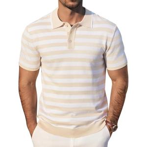 imageCOOFANDY Mens Knit Polo Shirts Short Sleeve Striped Golf Polo Shirts Lightweight Casual Collared T ShirtLight Khaki Stripes