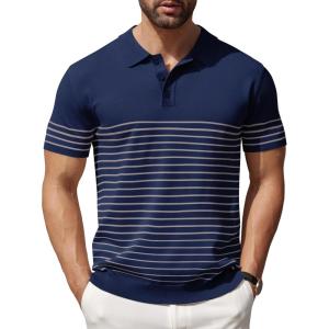 imageCOOFANDY Mens Knit Polo Shirts Short Sleeve Striped Golf Polo Shirts Lightweight Casual Collared T ShirtNavy Blue Grey Stripes