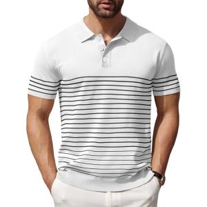 imageCOOFANDY Mens Knit Polo Shirts Short Sleeve Striped Golf Polo Shirts Lightweight Casual Collared T ShirtWhite Black Stripes