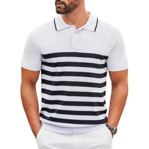 imageCOOFANDY Mens Knit Polo Shirts Short Sleeve Striped Golf Polo Shirts Lightweight Casual Collared T ShirtWhite and Black