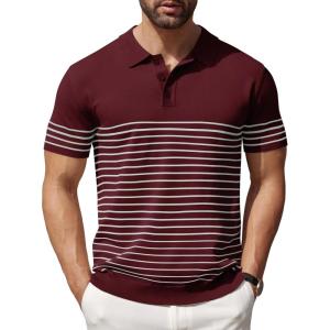 imageCOOFANDY Mens Knit Polo Shirts Short Sleeve Striped Golf Polo Shirts Lightweight Casual Collared T ShirtWine Red White Stripes