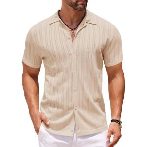 imageCOOFANDY Mens Knit Shirts Short Sleeve Button Down Polo Shirt Crochet Casual Vintage Summer Beach ShirtsApricot