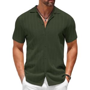 imageCOOFANDY Mens Knit Shirts Short Sleeve Button Down Polo Shirt Crochet Casual Vintage Summer Beach ShirtsArmy Green