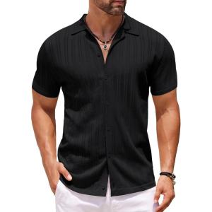 imageCOOFANDY Mens Knit Shirts Short Sleeve Button Down Polo Shirt Crochet Casual Vintage Summer Beach ShirtsBlack