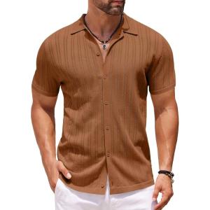 imageCOOFANDY Mens Knit Shirts Short Sleeve Button Down Polo Shirt Crochet Casual Vintage Summer Beach ShirtsCaramel