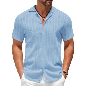 imageCOOFANDY Mens Knit Shirts Short Sleeve Button Down Polo Shirt Crochet Casual Vintage Summer Beach ShirtsClear Blue