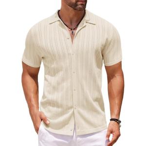 imageCOOFANDY Mens Knit Shirts Short Sleeve Button Down Polo Shirt Crochet Casual Vintage Summer Beach ShirtsCream