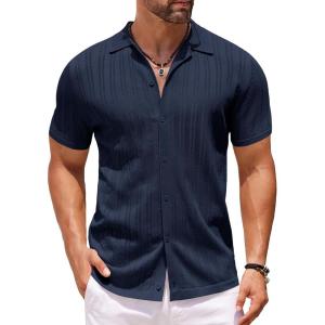 imageCOOFANDY Mens Knit Shirts Short Sleeve Button Down Polo Shirt Crochet Casual Vintage Summer Beach ShirtsDark Navy Blue
