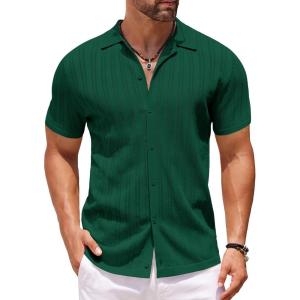 imageCOOFANDY Mens Knit Shirts Short Sleeve Button Down Polo Shirt Crochet Casual Vintage Summer Beach ShirtsGreen