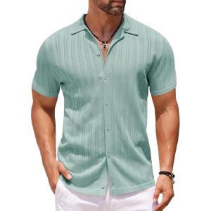 imageCOOFANDY Mens Knit Shirts Short Sleeve Button Down Polo Shirt Crochet Casual Vintage Summer Beach ShirtsIce Green