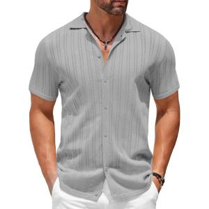 imageCOOFANDY Mens Knit Shirts Short Sleeve Button Down Polo Shirt Crochet Casual Vintage Summer Beach ShirtsLight Gray