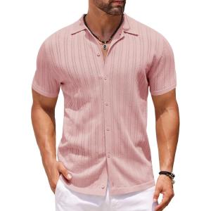 imageCOOFANDY Mens Knit Shirts Short Sleeve Button Down Polo Shirt Crochet Casual Vintage Summer Beach ShirtsLight Pink