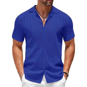 imageCOOFANDY Mens Knit Shirts Short Sleeve Button Down Polo Shirt Crochet Casual Vintage Summer Beach ShirtsRoyal Blue