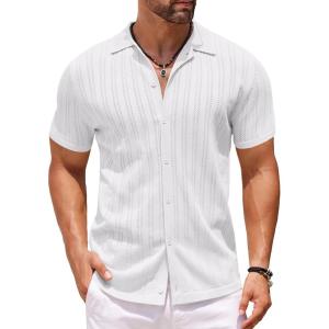 imageCOOFANDY Mens Knit Shirts Short Sleeve Button Down Polo Shirt Crochet Casual Vintage Summer Beach ShirtsWhite