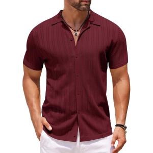imageCOOFANDY Mens Knit Shirts Short Sleeve Button Down Polo Shirt Crochet Casual Vintage Summer Beach ShirtsWine Red