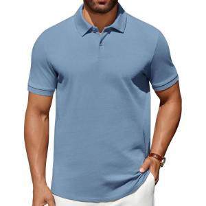 imageCOOFANDY Mens Polo Shirts 100 Cotton Heavyweight Short Sleeve Button Golf Shirts Classic Pullover Ribbed Collar and CuffsGrey Blue