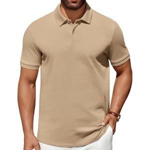 imageCOOFANDY Mens Polo Shirts 100 Cotton Heavyweight Short Sleeve Button Golf Shirts Classic Pullover Ribbed Collar and CuffsKhaki
