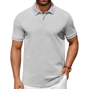imageCOOFANDY Mens Polo Shirts 100 Cotton Heavyweight Short Sleeve Button Golf Shirts Classic Pullover Ribbed Collar and CuffsLight Grey