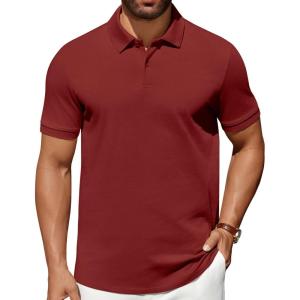 imageCOOFANDY Mens Polo Shirts 100 Cotton Heavyweight Short Sleeve Button Golf Shirts Classic Pullover Ribbed Collar and CuffsWine Red