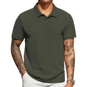 imageCOOFANDY Mens Polo Shirts Short Sleeve Classic Fit Golf Shirts Casual Solid Waffle Collared T ShirtArmy Green
