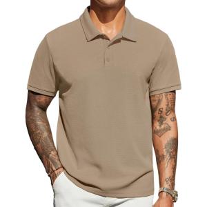 imageCOOFANDY Mens Polo Shirts Short Sleeve Classic Fit Golf Shirts Casual Solid Waffle Collared T ShirtKhaki
