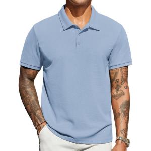 imageCOOFANDY Mens Polo Shirts Short Sleeve Classic Fit Golf Shirts Casual Solid Waffle Collared T ShirtLight Blue