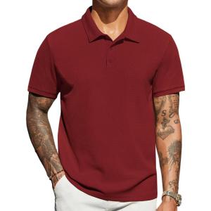 imageCOOFANDY Mens Polo Shirts Short Sleeve Classic Fit Golf Shirts Casual Solid Waffle Collared T ShirtWine Red