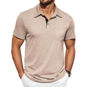 imageCOOFANDY Men Short Sleeve Polo Shirt Casual Summer Collar Shirts Dress Button Polo T Shirt Classic Golf ShirtsKhaki