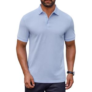 imageCOOFANDY Mens Cotton Pique Polo Shirts Short Sleeve Golf Shirts Basic Casual Collared TShirtLight Blue
