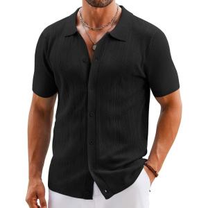 imageCOOFANDY Mens Knit Button Down Shirts Short Sleeve Vintage Polo Shirt Casual Vacation Beach ShirtsBlack
