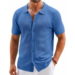 imageCOOFANDY Mens Knit Button Down Shirts Short Sleeve Vintage Polo Shirt Casual Vacation Beach ShirtsBlue