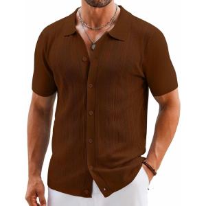 imageCOOFANDY Mens Knit Button Down Shirts Short Sleeve Vintage Polo Shirt Casual Vacation Beach ShirtsCaramel