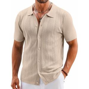 imageCOOFANDY Mens Knit Button Down Shirts Short Sleeve Vintage Polo Shirt Casual Vacation Beach ShirtsCoffee Light