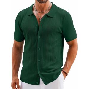 imageCOOFANDY Mens Knit Button Down Shirts Short Sleeve Vintage Polo Shirt Casual Vacation Beach ShirtsGreen