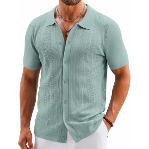 imageCOOFANDY Mens Knit Button Down Shirts Short Sleeve Vintage Polo Shirt Casual Vacation Beach ShirtsIce Green