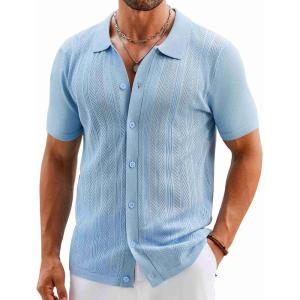 imageCOOFANDY Mens Knit Button Down Shirts Short Sleeve Vintage Polo Shirt Casual Vacation Beach ShirtsLight Blue