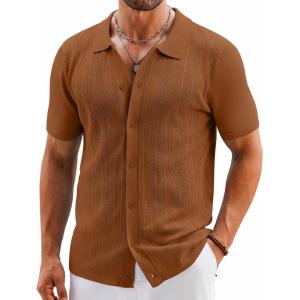 imageCOOFANDY Mens Knit Button Down Shirts Short Sleeve Vintage Polo Shirt Casual Vacation Beach ShirtsLight Brown