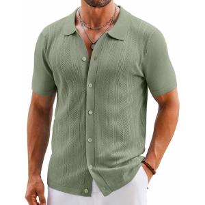 imageCOOFANDY Mens Knit Button Down Shirts Short Sleeve Vintage Polo Shirt Casual Vacation Beach ShirtsLight Green