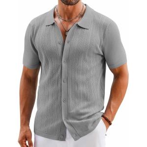 imageCOOFANDY Mens Knit Button Down Shirts Short Sleeve Vintage Polo Shirt Casual Vacation Beach ShirtsLight Grey